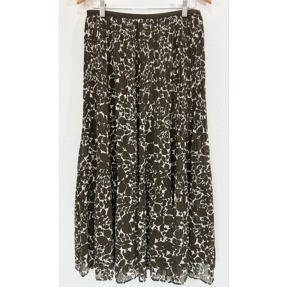 Uniqlo Chiffon Tiered Skirt Printed Olive Pleated Maxi Midi Elastic Waist L - Picture 3 of 10